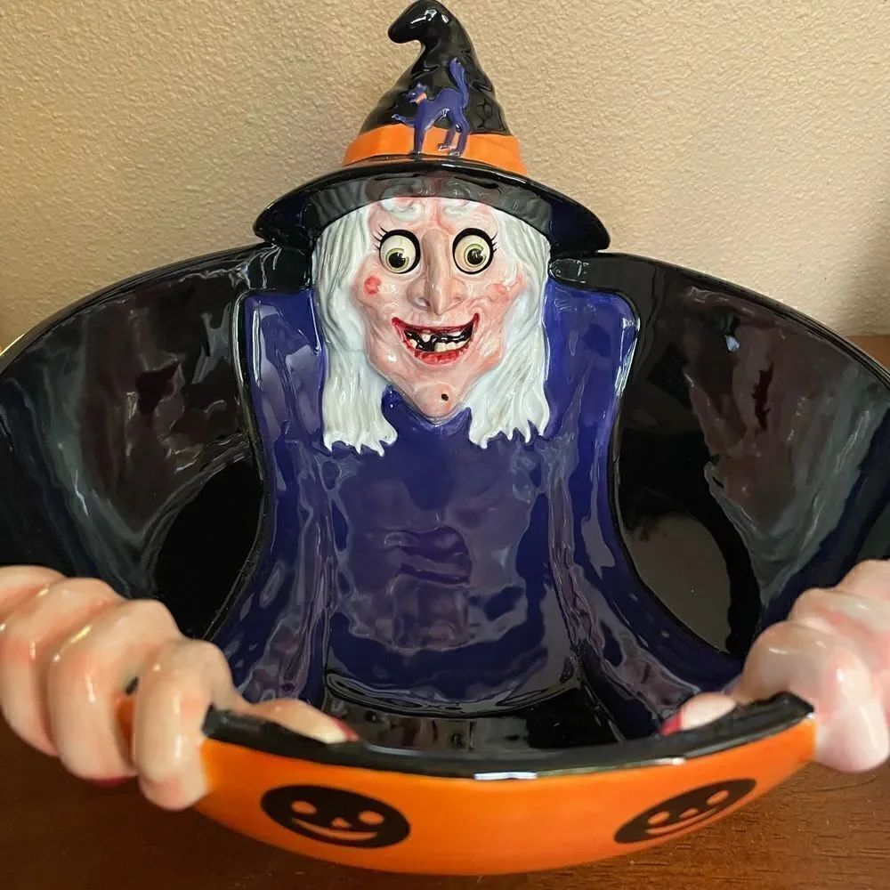 Department 56 RARE and HTF Witch Ceramic Googling Eyes Big Halloween Bowl